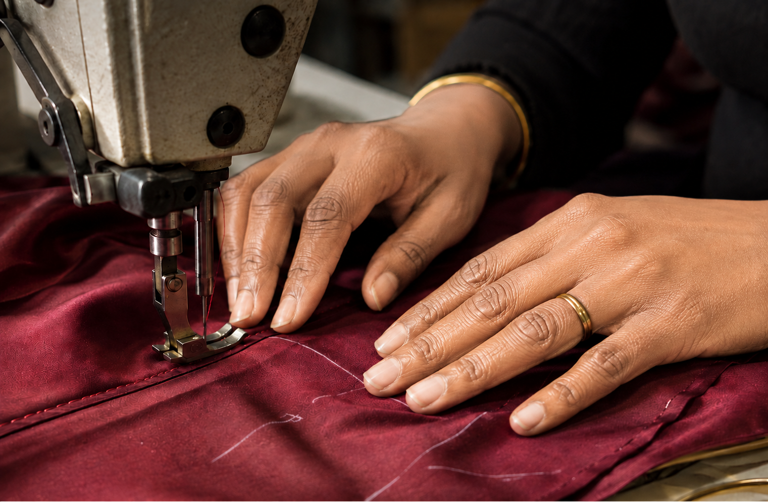 Artisan carefully sewing a rich fabric in the Lyndor Elan atelier