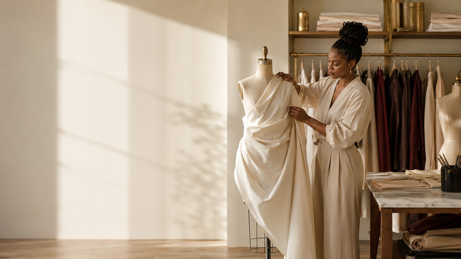 Designer shaping a timeless garment in a refined fashion studio
